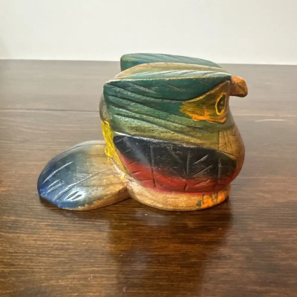 Vintage Wooden Owl Figurine Hand Carved Artisan Wood Bird Colorful Folk Art
